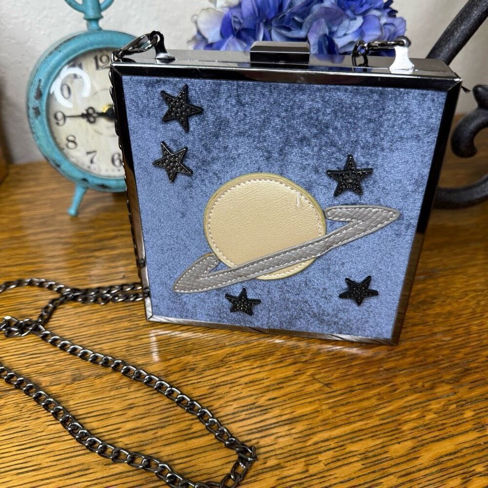 Anastacia Spada Blue Velvet & Leather Glitter Planeta Crossbody Bag Art to Wear